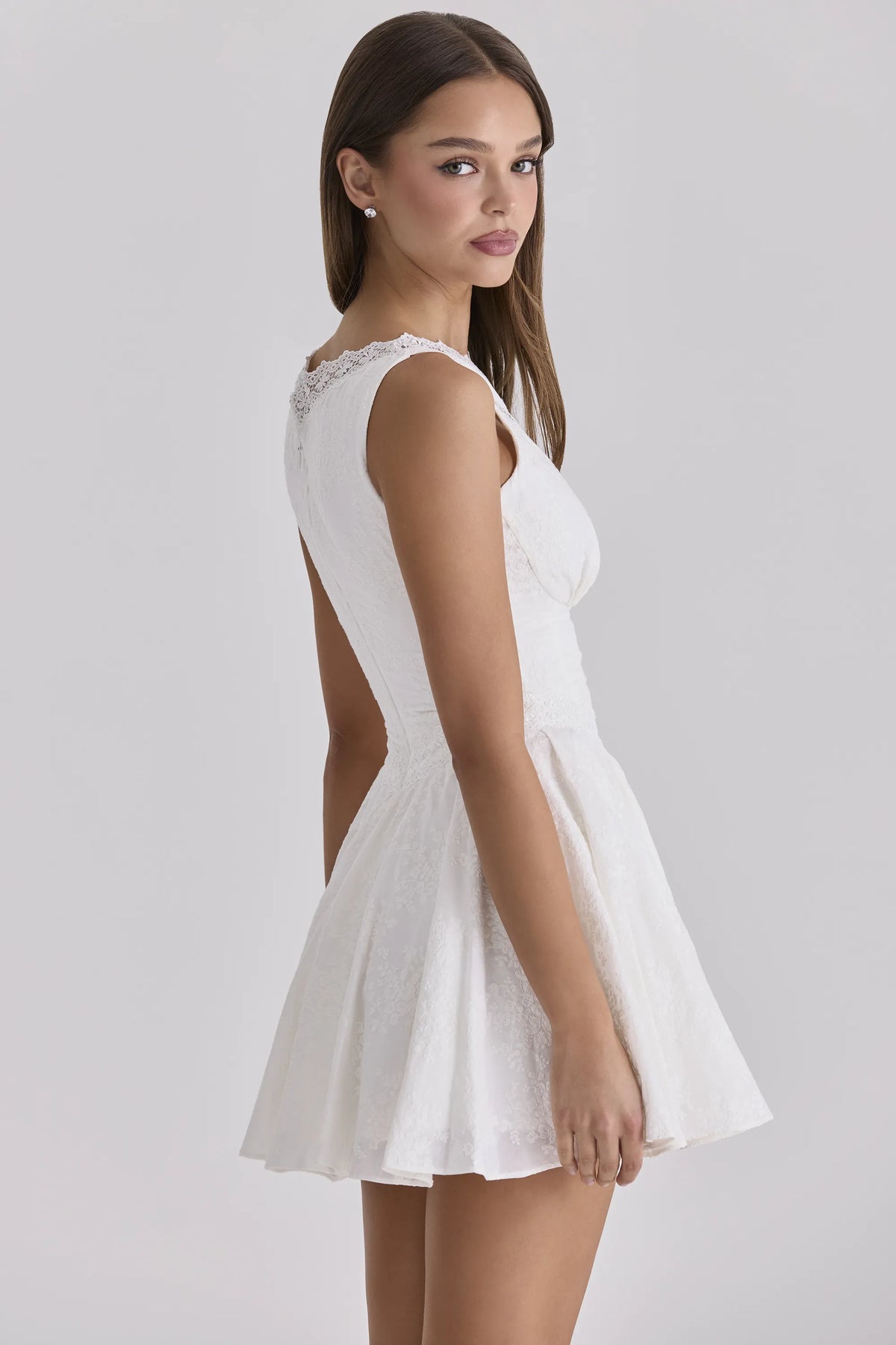 Scarlett White Embroidered Cotton Lace Trim Mini Dress