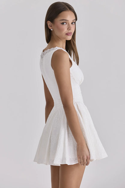 Scarlett White Embroidered Cotton Lace Trim Mini Dress
