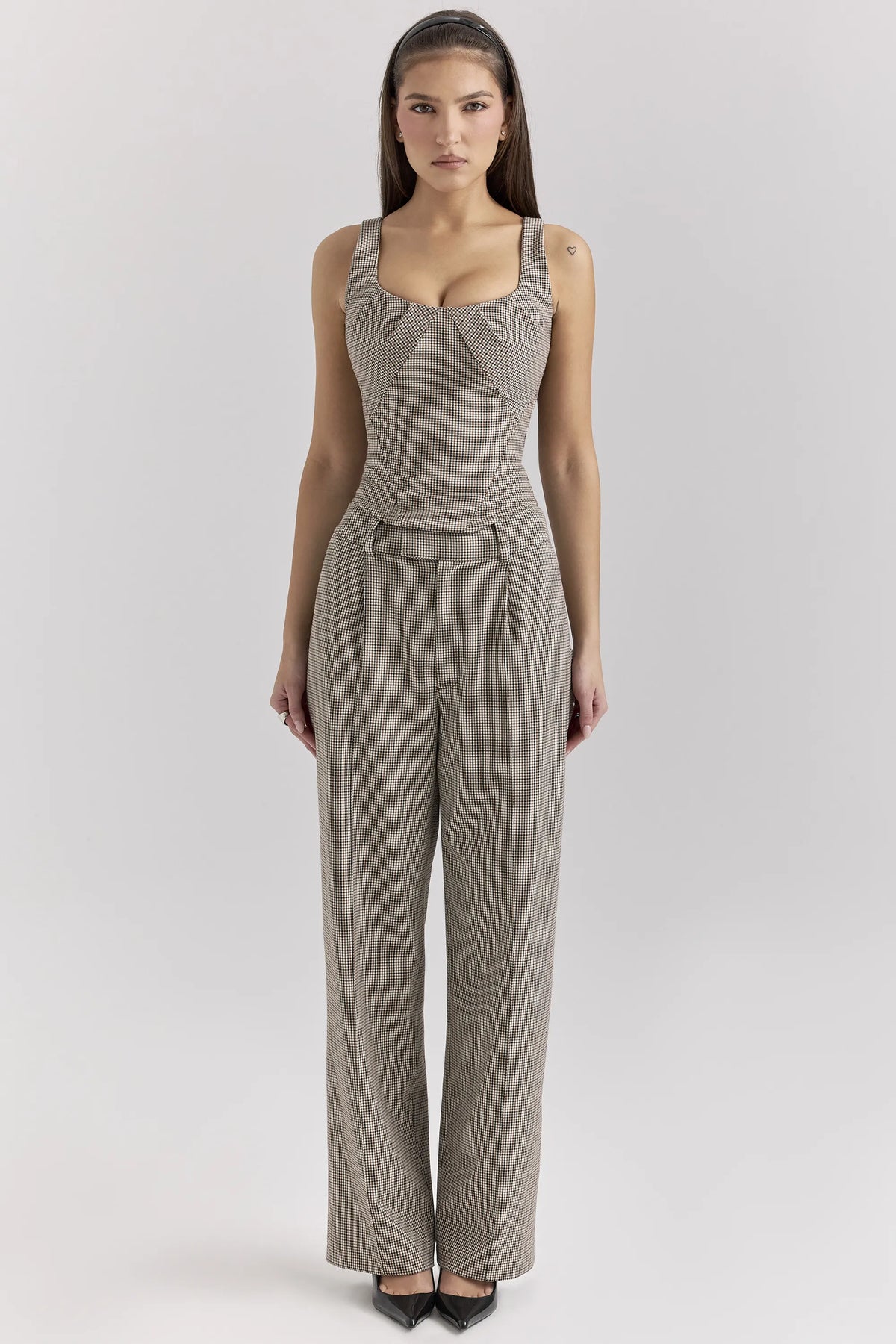 Hayden Brown Puppytooth Wide Leg High Waist Tailored Trousers