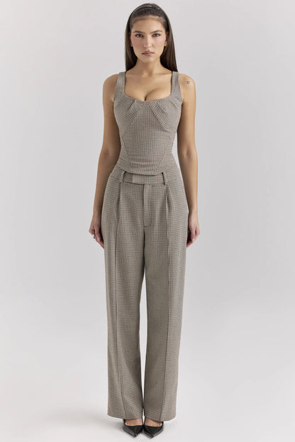 Hayden Brown Puppytooth Wide Leg High Waist Tailored Trousers