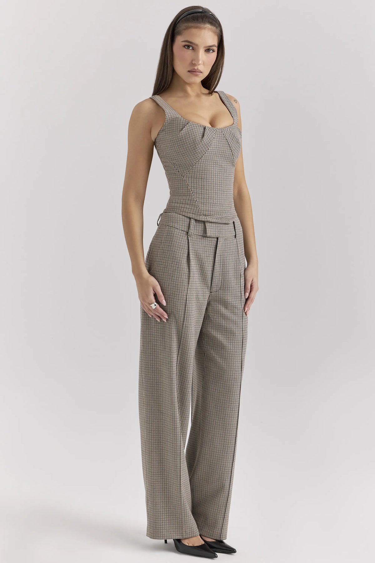 Hayden Brown Puppytooth Wide Leg High Waist Tailored Trousers