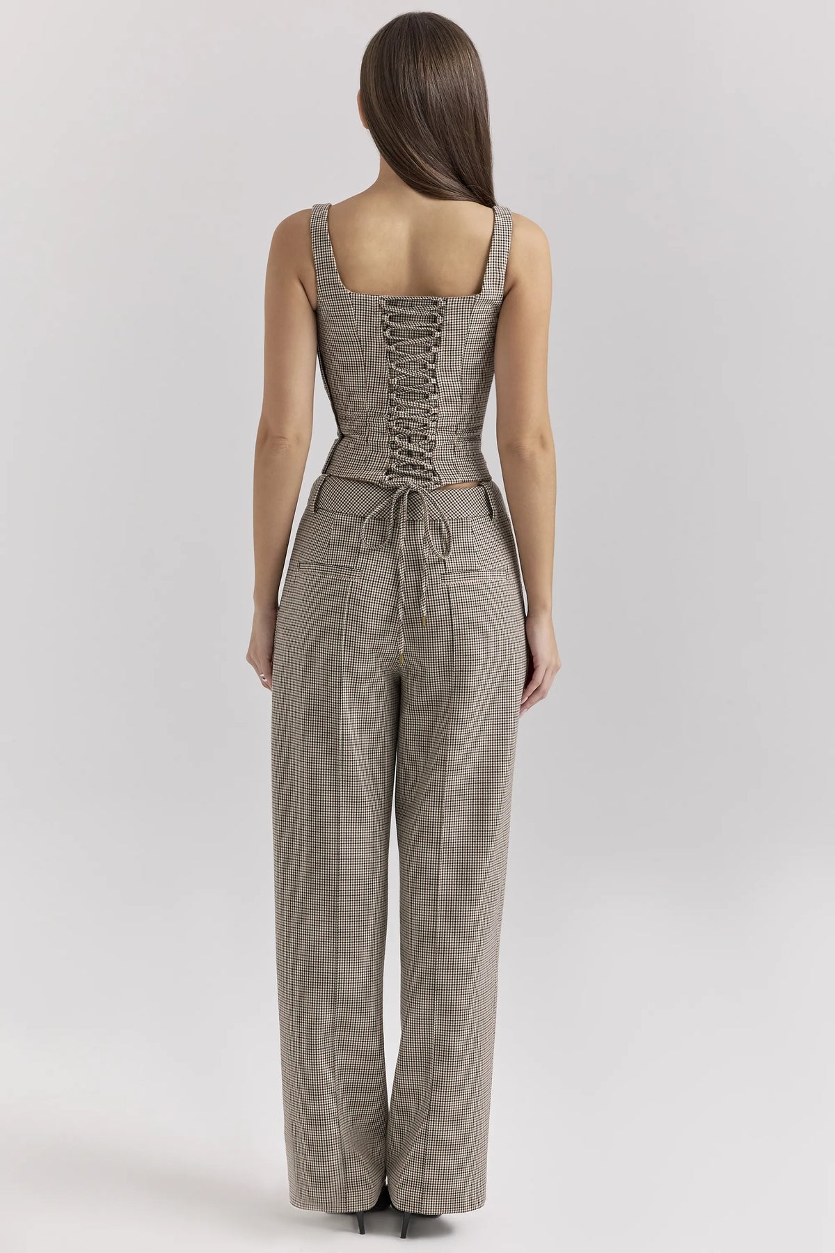 Hayden Brown Puppytooth Wide Leg High Waist Tailored Trousers