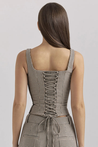 Selma Brown Puppytooth Boned Corset Top