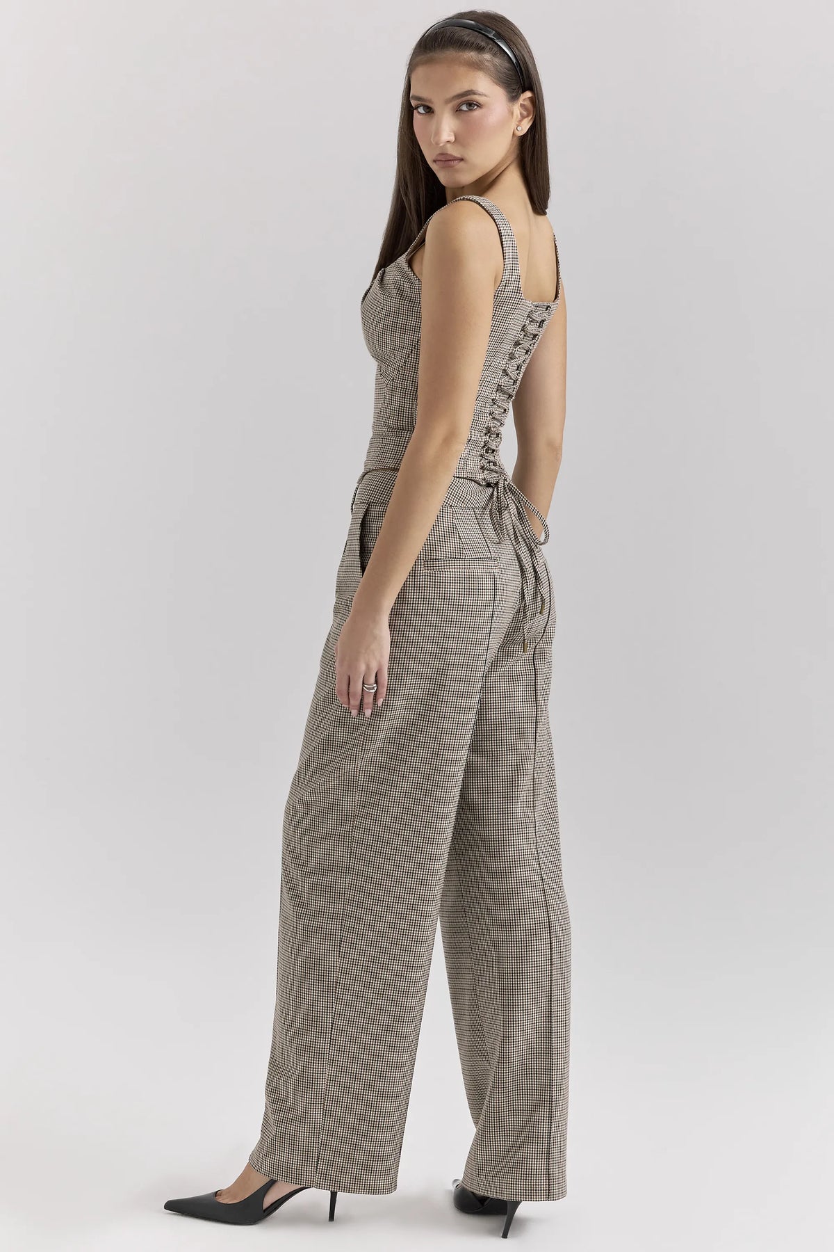 Hayden Brown Puppytooth Wide Leg High Waist Tailored Trousers
