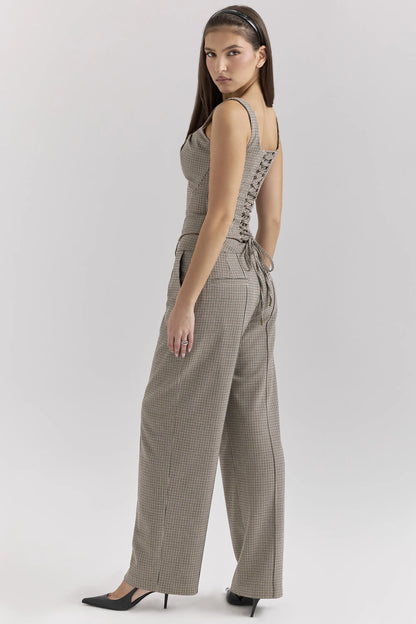 Hayden Brown Puppytooth Wide Leg High Waist Tailored Trousers