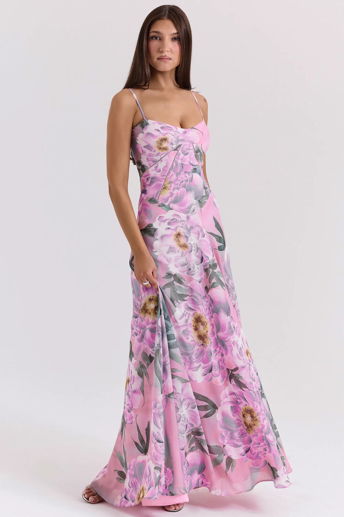 Seren Pink Floral Print Lace Back Maxi Dress
