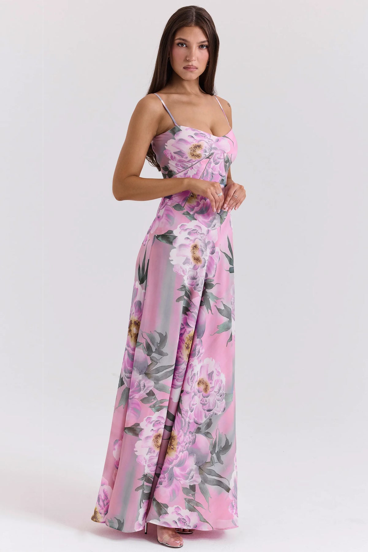 Seren Pink Floral Print Lace Back Maxi Dress