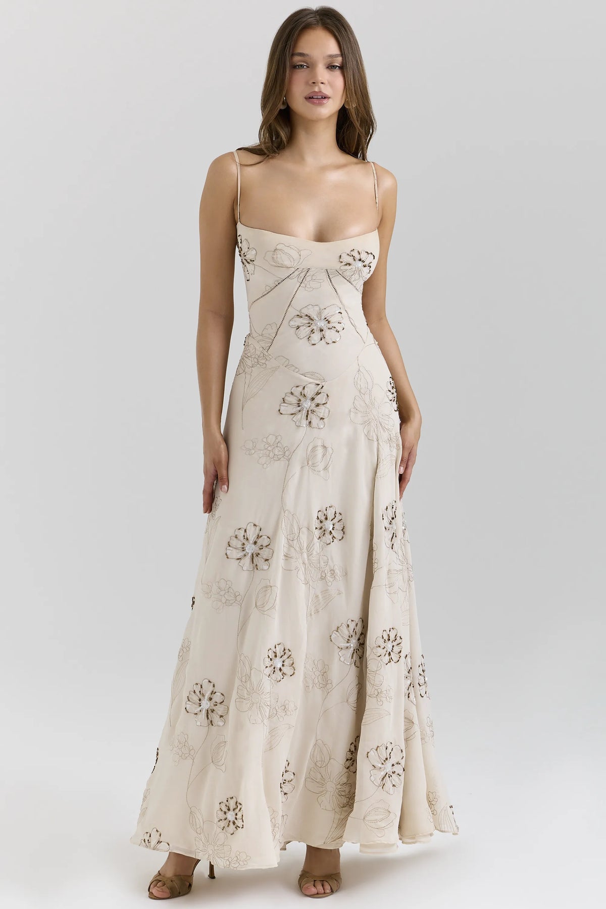 Seren Vanilla Embroidered Hand Beaded Floral Maxi Dress