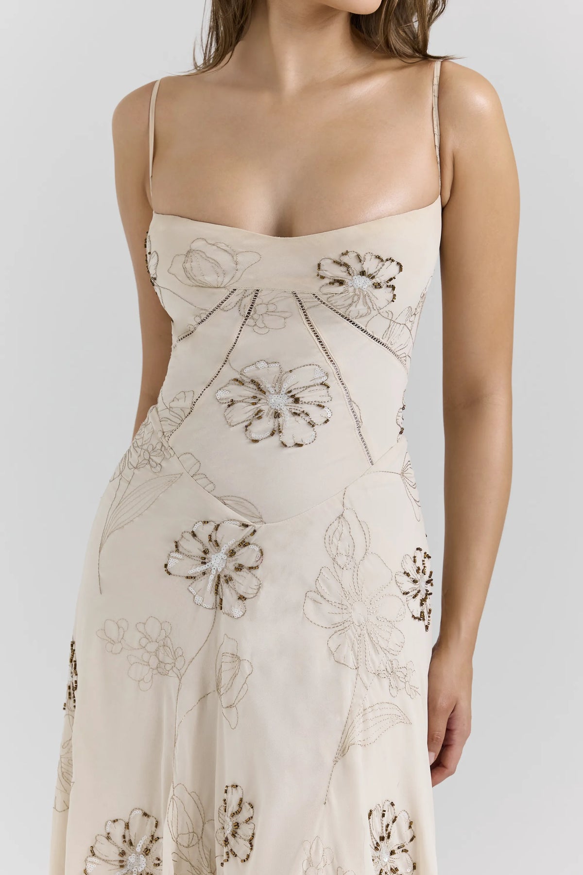 Seren Vanilla Embroidered Hand Beaded Floral Maxi Dress