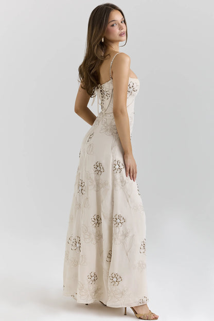 Seren Vanilla Embroidered Hand Beaded Floral Maxi Dress