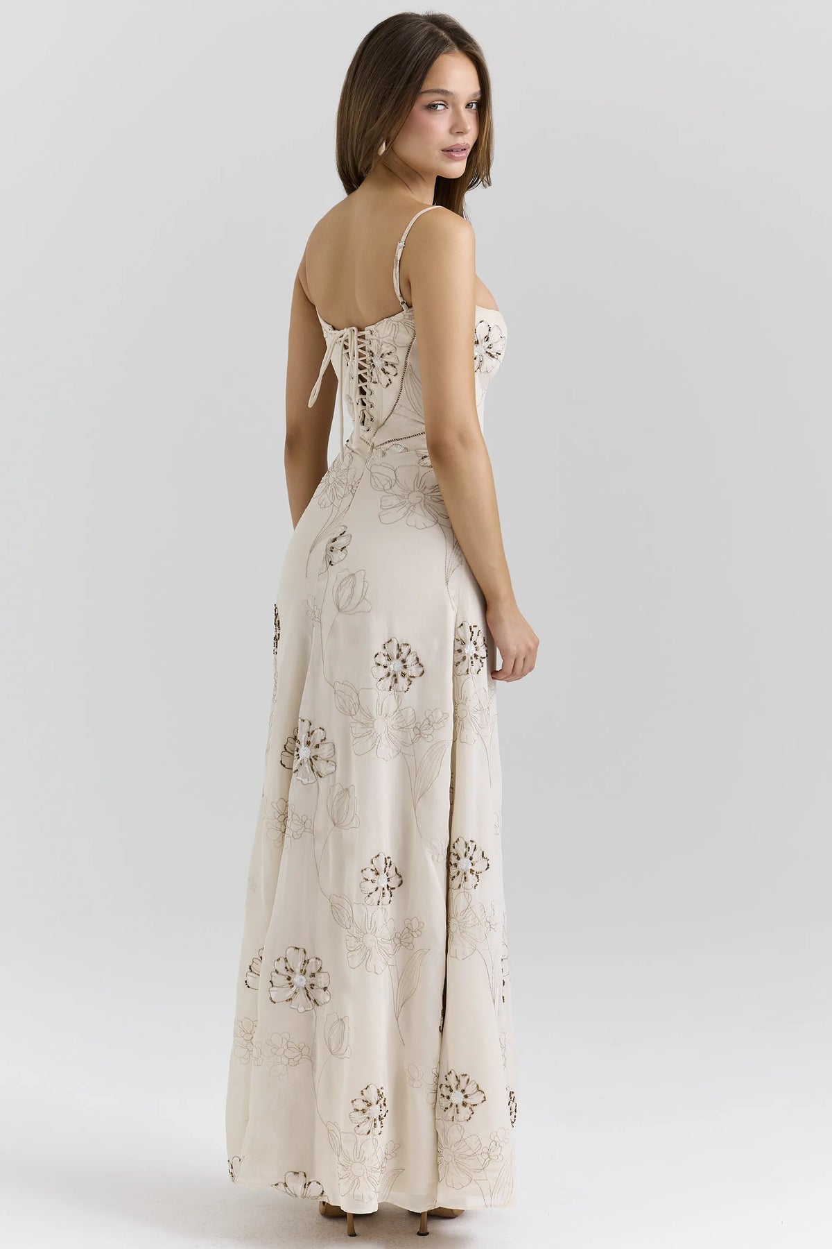 Seren Vanilla Embroidered Hand Beaded Floral Maxi Dress