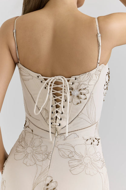 Seren Vanilla Embroidered Hand Beaded Floral Maxi Dress