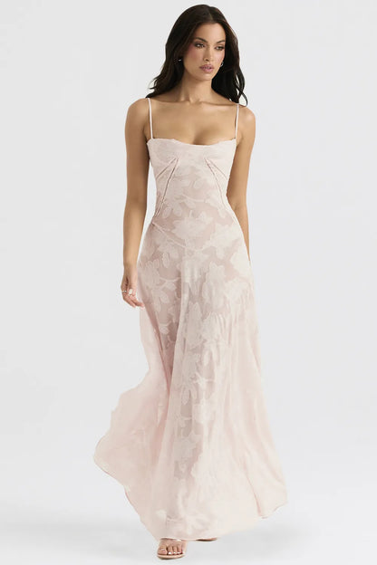 Seren Soft Pink Floral Lace Back Maxi Dress