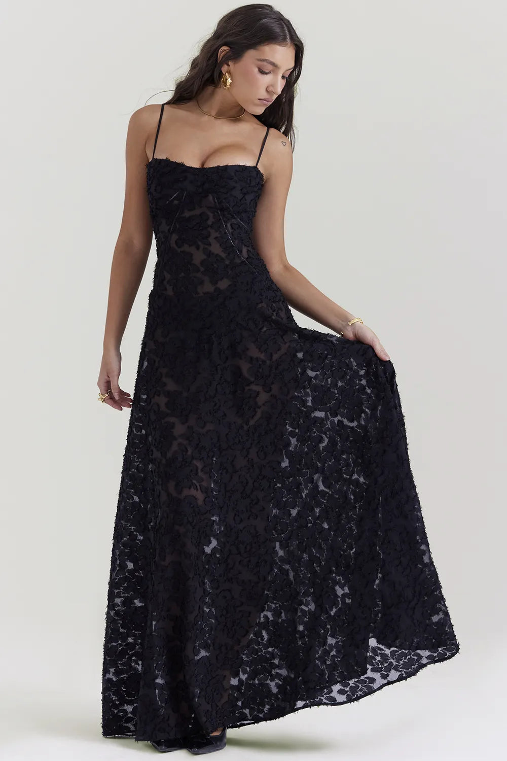 Seren Black Floral Lace Back Maxi Dress