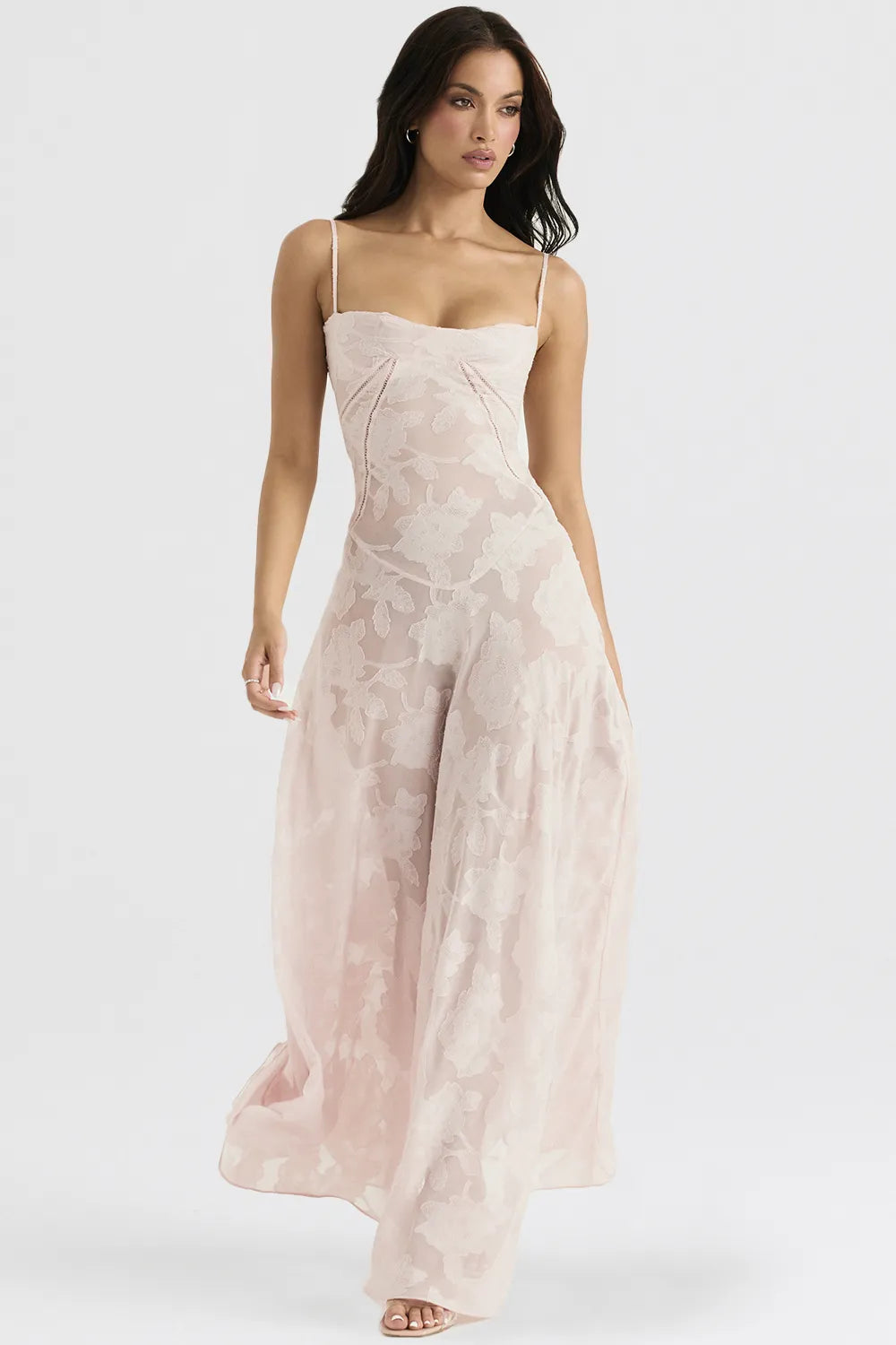 Seren Soft Pink Floral Lace Back Maxi Dress
