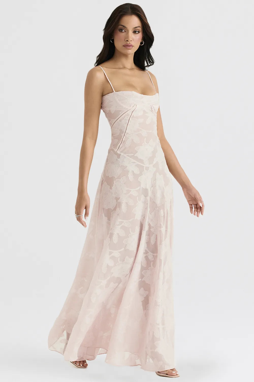 Seren Soft Pink Floral Lace Back Maxi Dress