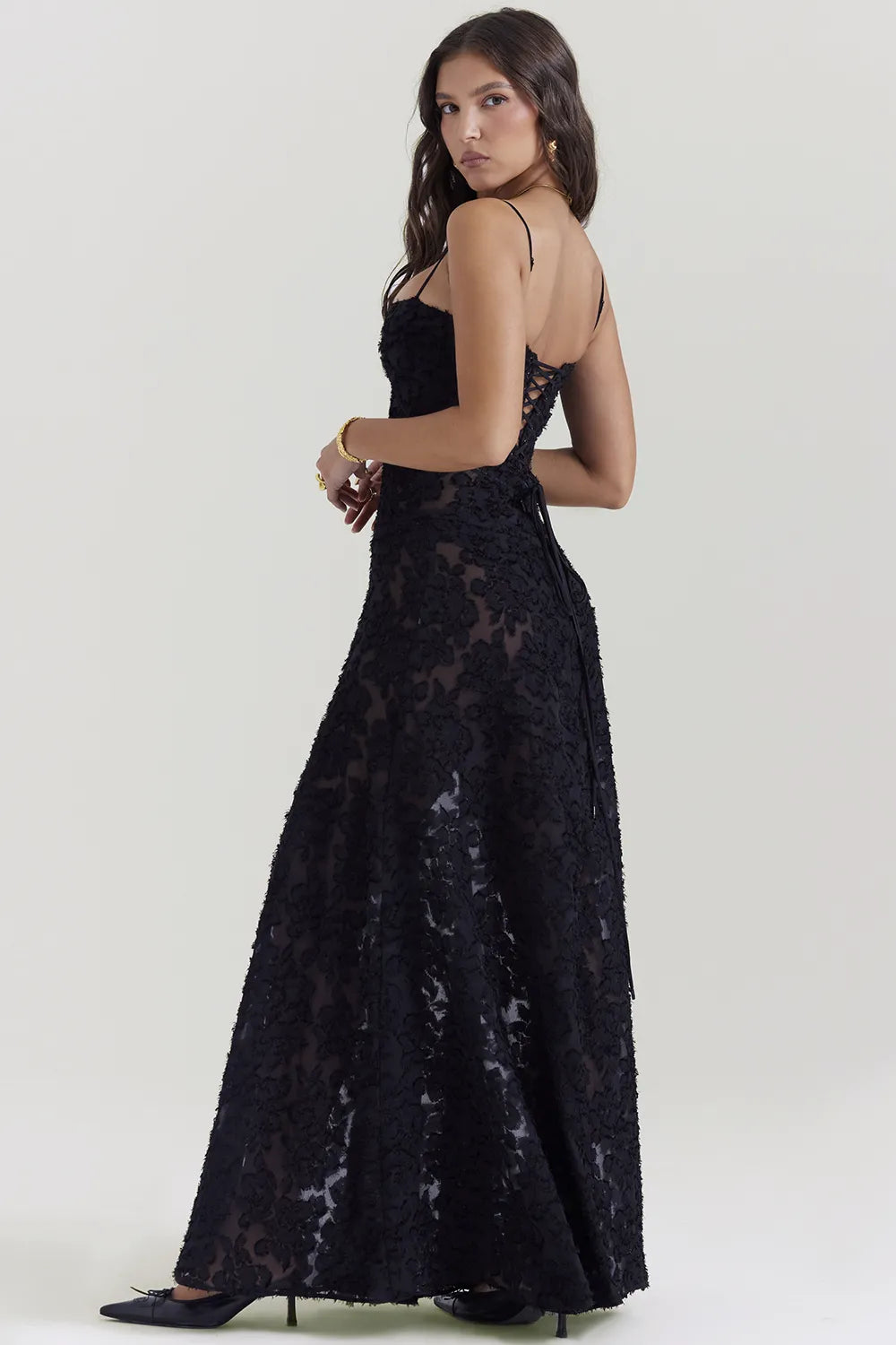 Seren Black Floral Lace Back Maxi Dress