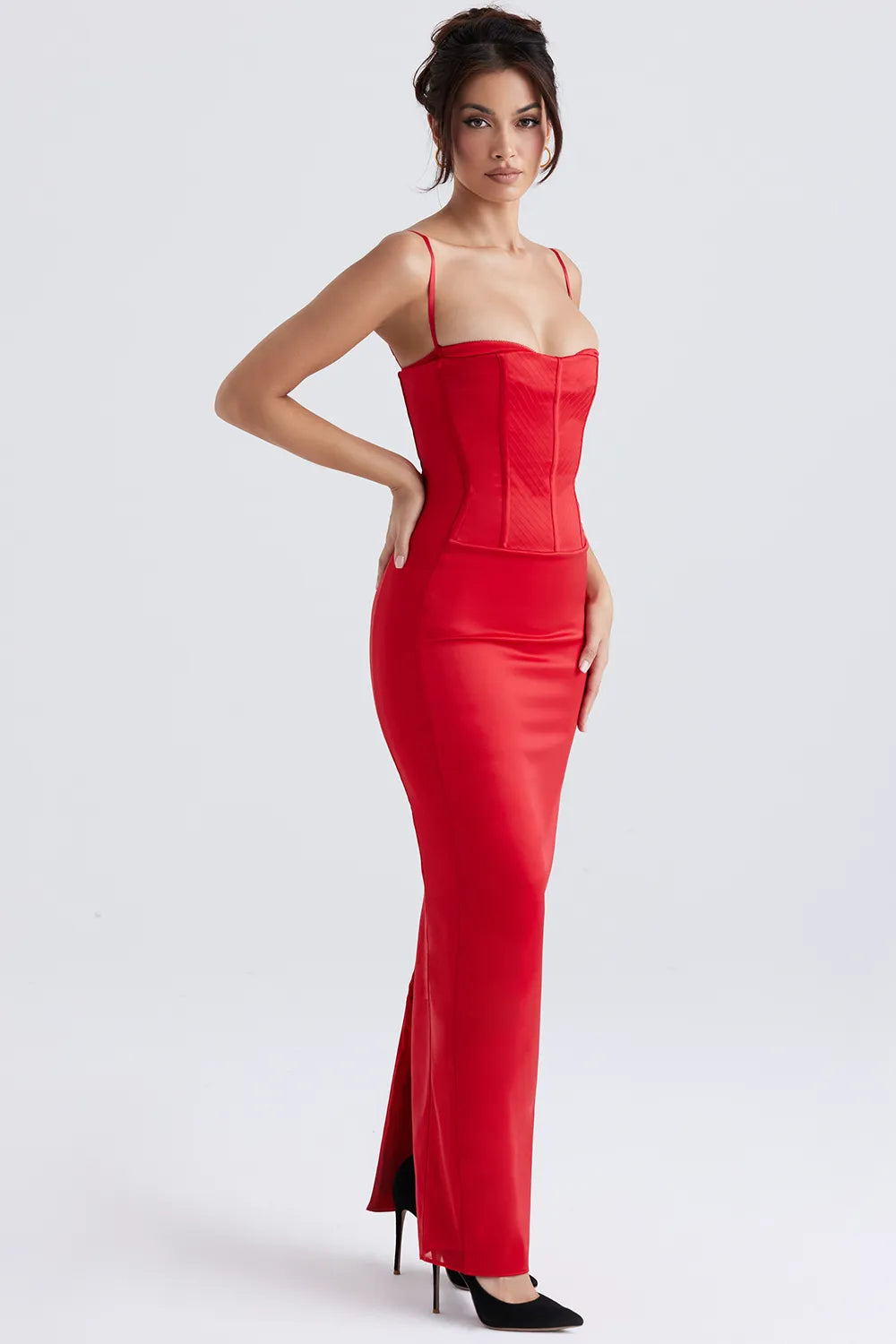 Shani Red Satin Corset Maxi Dress