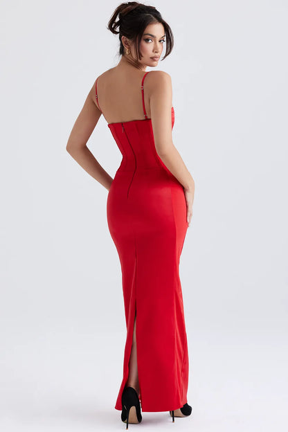 Shani Red Satin Corset Maxi Dress