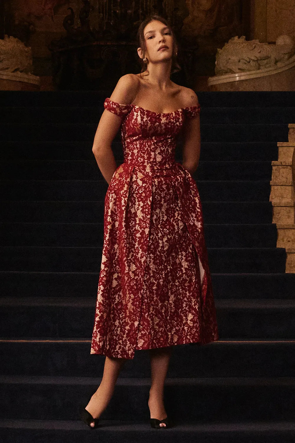 Charming Gold and Berry Lace Midi Off Shoulder Dress
