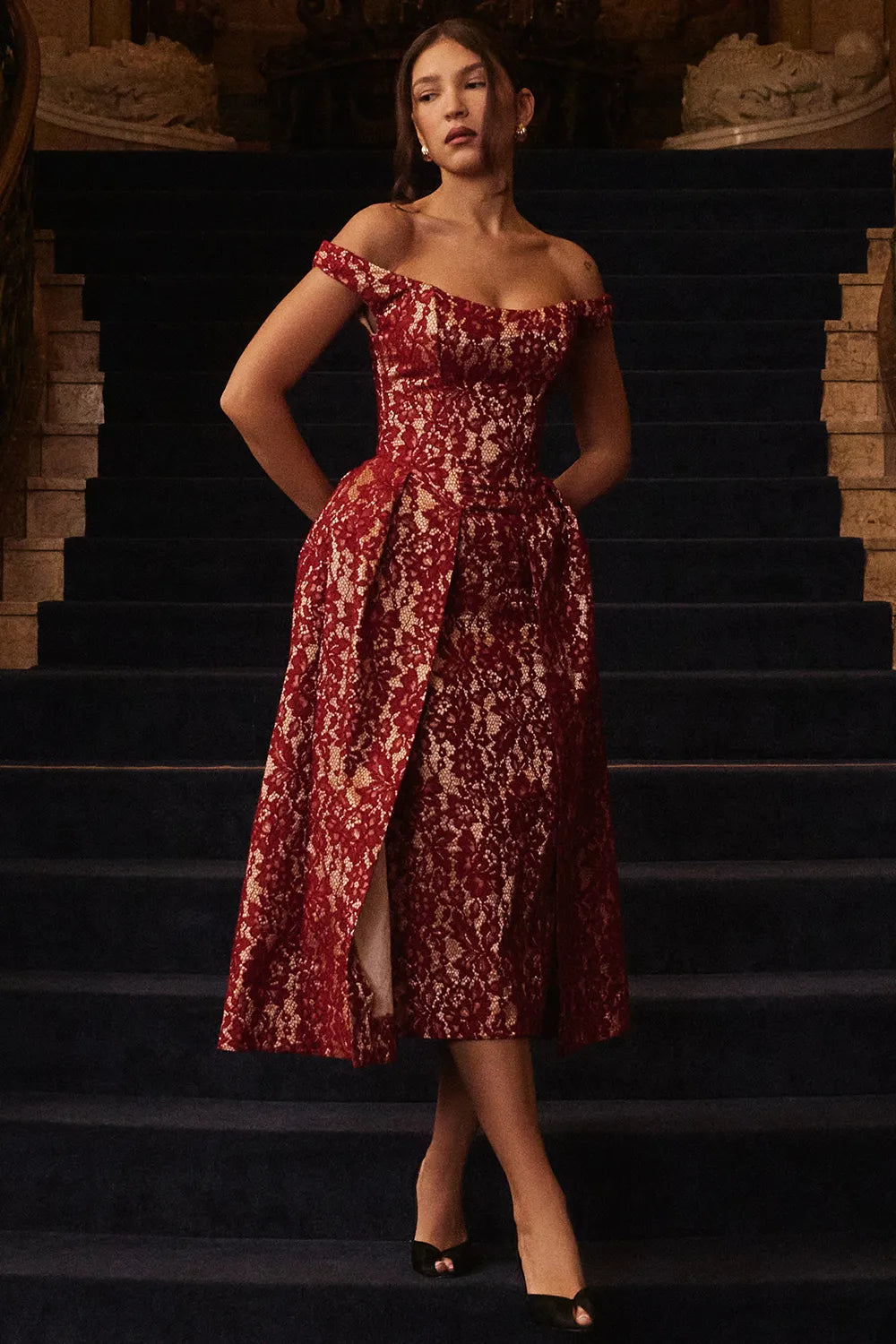 Charming Gold and Berry Lace Midi Off Shoulder Dress