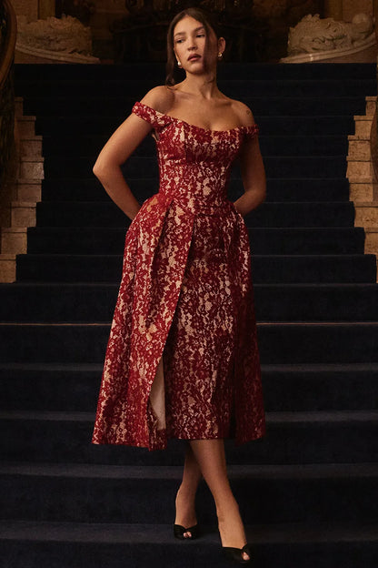 Charming Gold and Berry Lace Midi Off Shoulder Dress