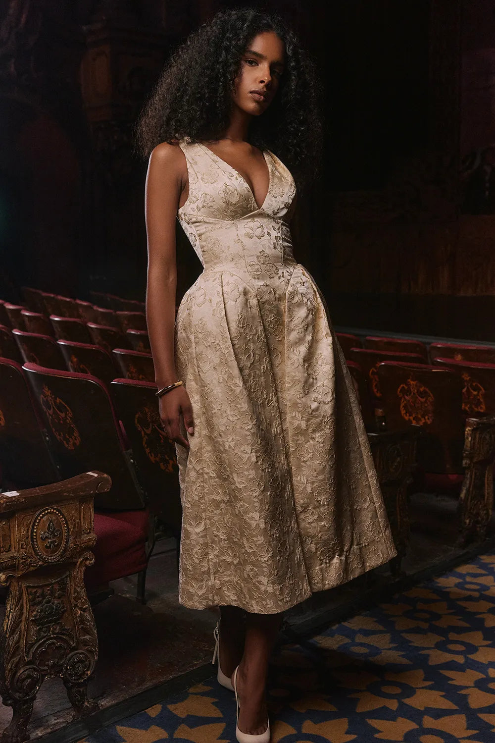 Paloma Ivory Metallic Jacquard Midi Dress