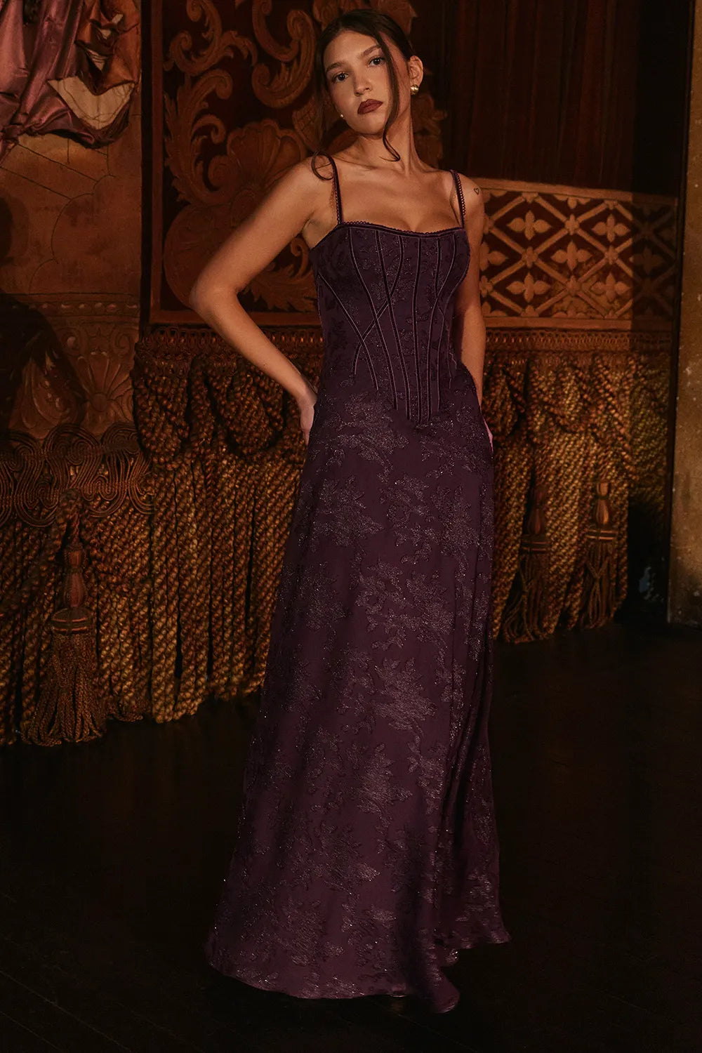 Esme Grape Lurex Chiffon Maxi Dress