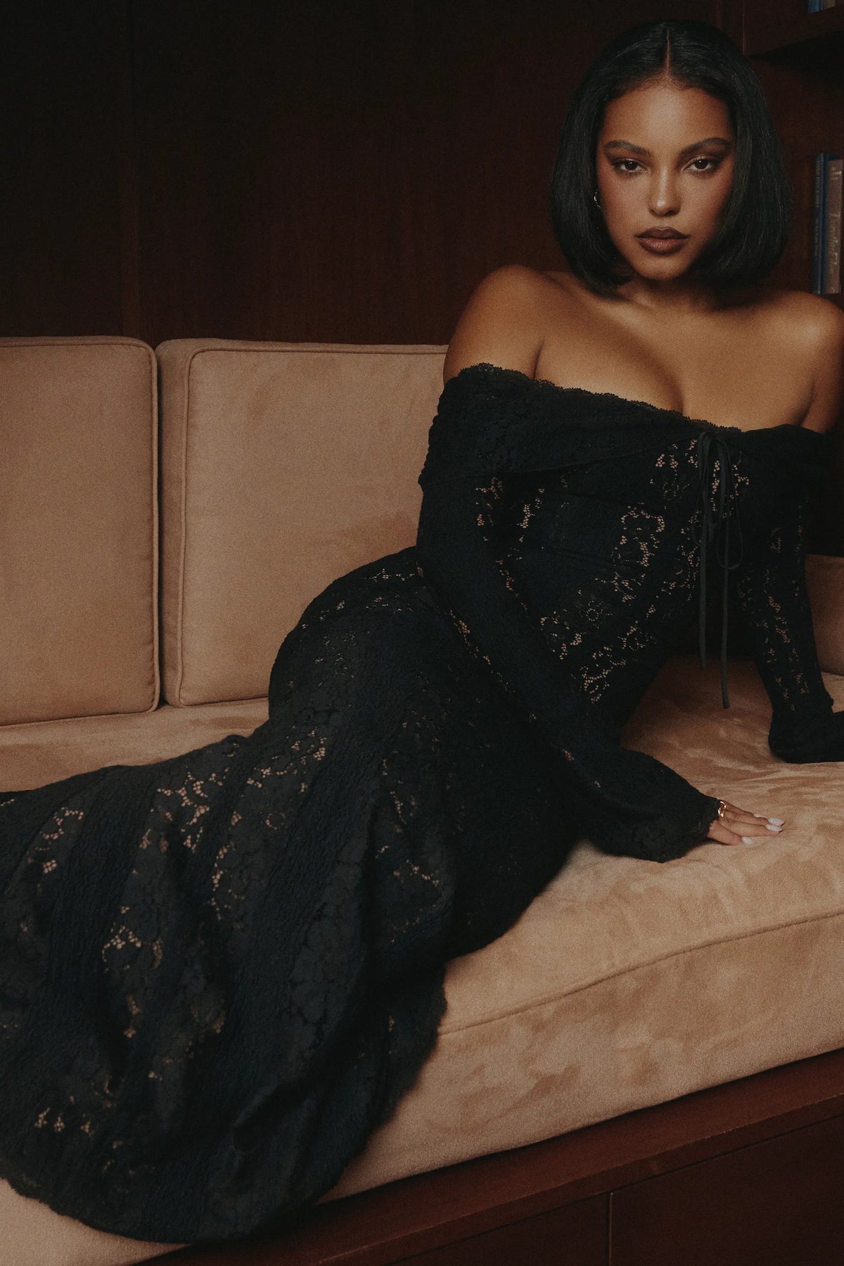Belle Black Off Shoulder Floral Lace Maxi Dress