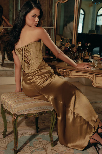 Aurelia Bronze Brocade Satin Corset Maxi Dress