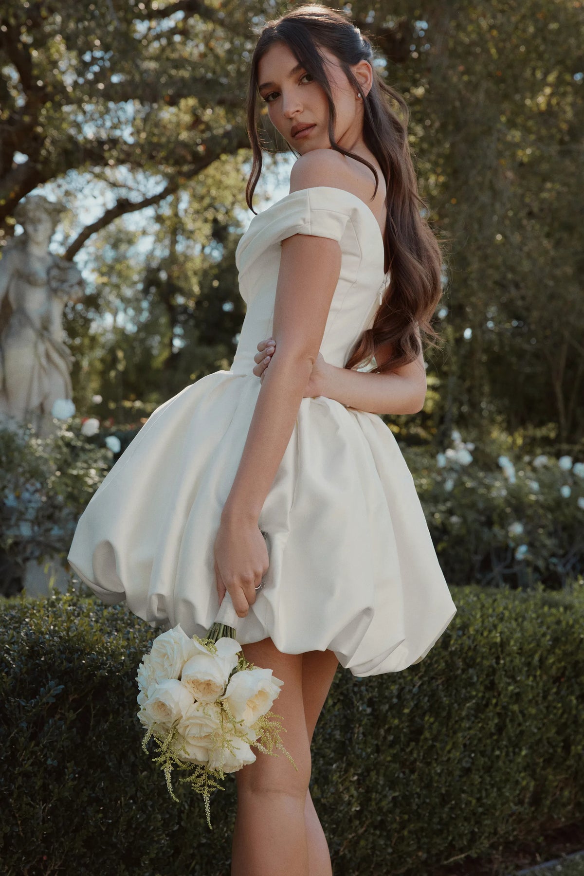 Leonora Ivory Satin Off Shoulder Mini Bridal Gown