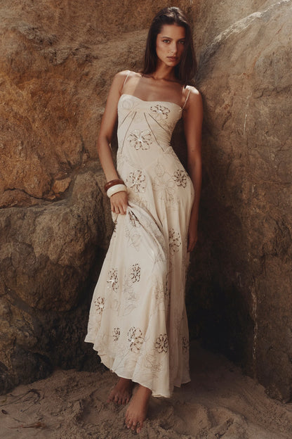 Seren Vanilla Embroidered Hand Beaded Floral Maxi Dress