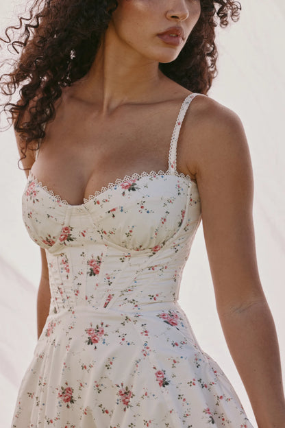 Steffani White Stretch Cotton Rose Print Midi Sundress