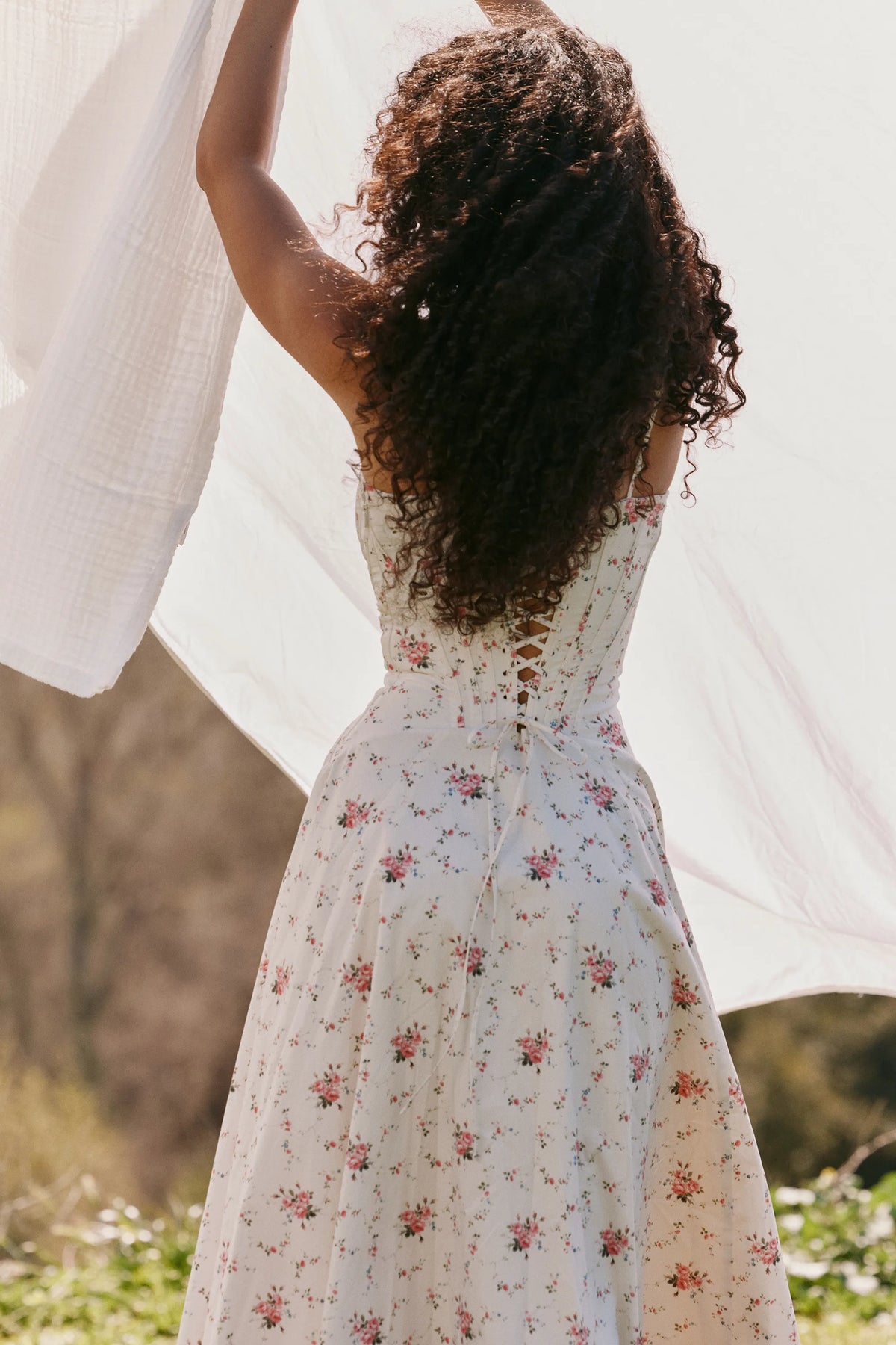 Steffani White Stretch Cotton Rose Print Midi Sundress