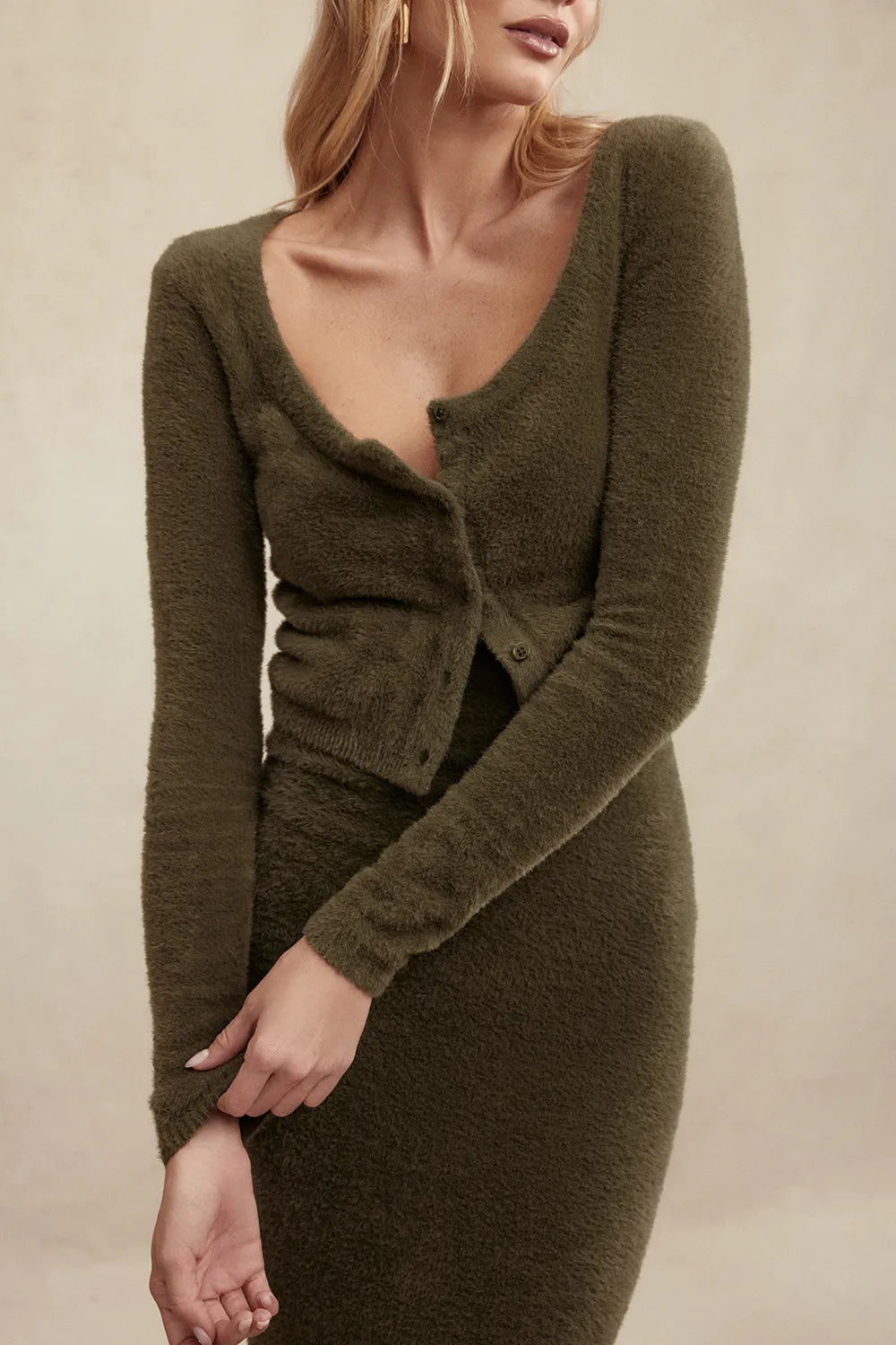 Gene Khaki Soft Fluffy Knit Cardigan