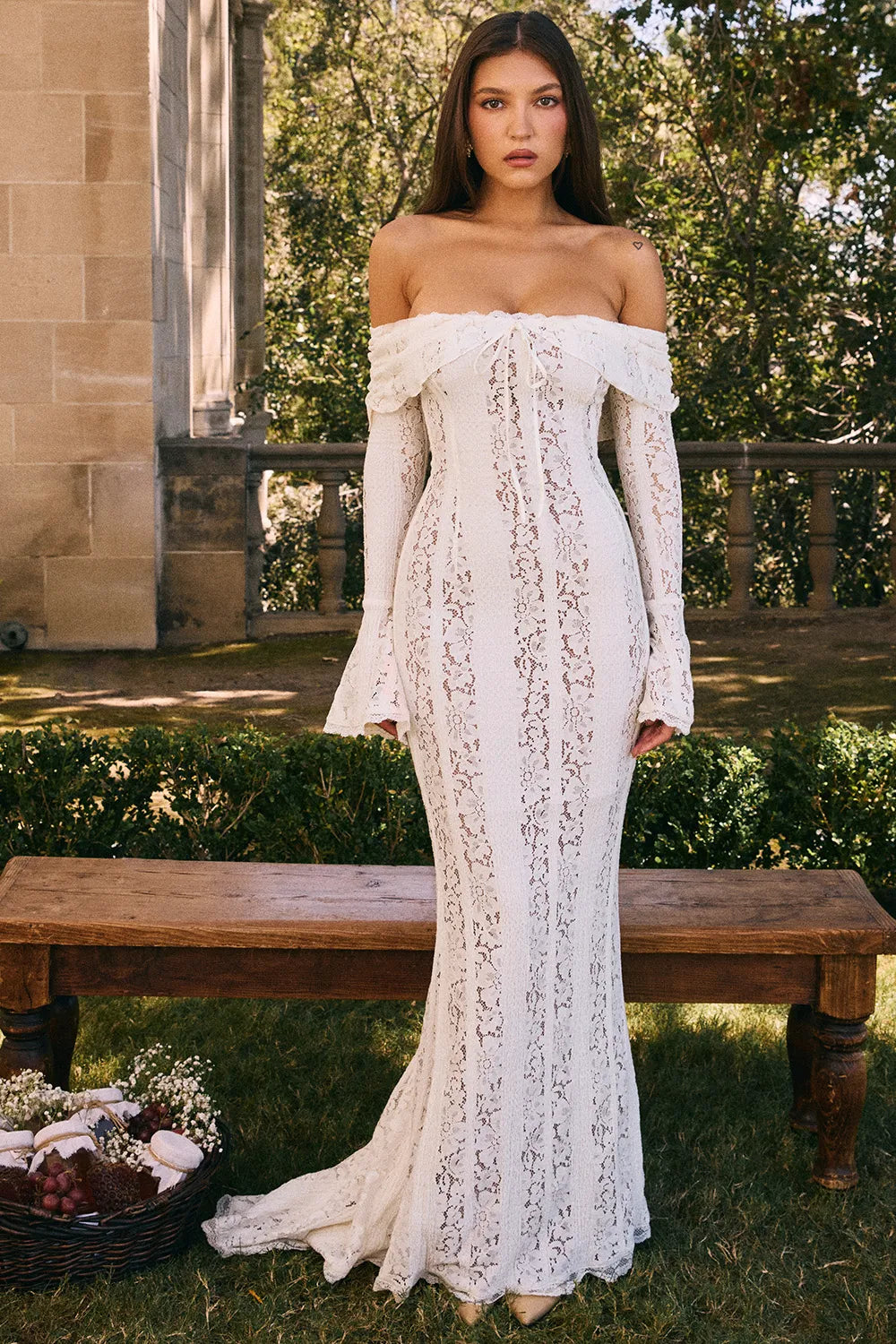 Belle Vintage Cream Floral Lace Off Shoulder Maxi Dress