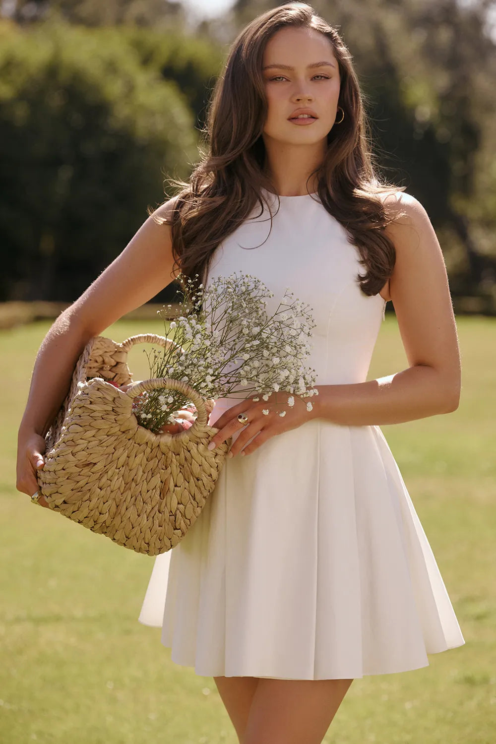 Claretta White Pleated Cotton Mini Dress