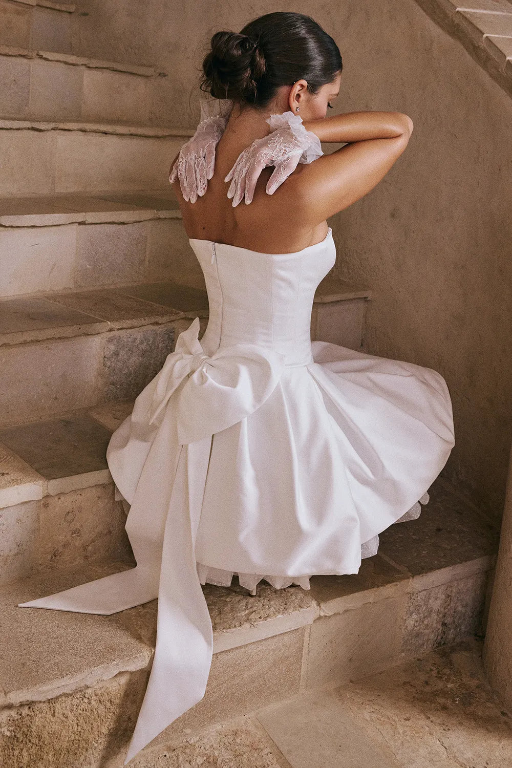 Noele White Satin Strapless Bow Mini Gown