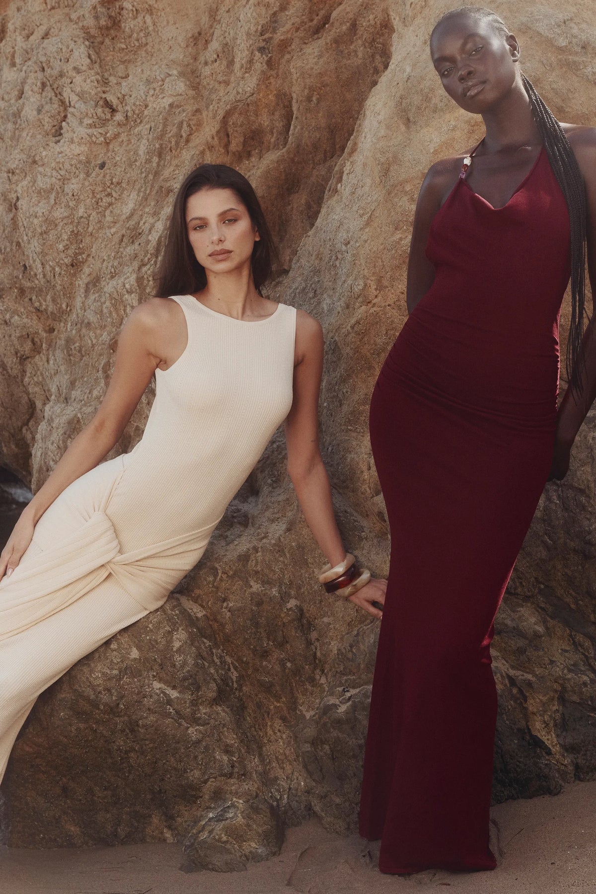 Thalina Wine Draped Halter Neck Maxi Dress