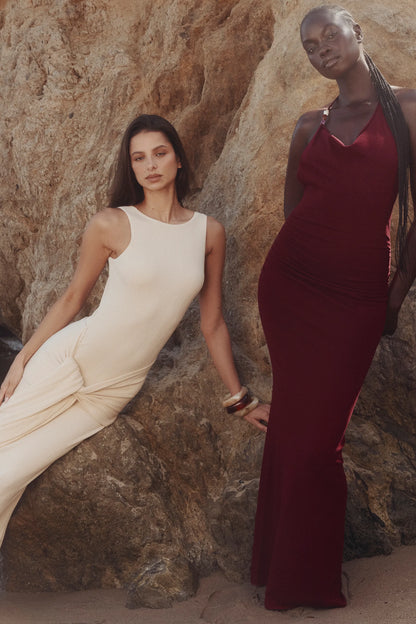 Thalina Wine Draped Halter Neck Maxi Dress
