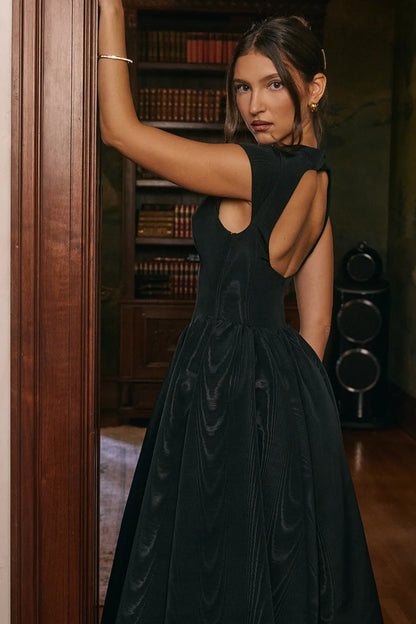 Debutante Black Moire Satin Backless Midi Dress