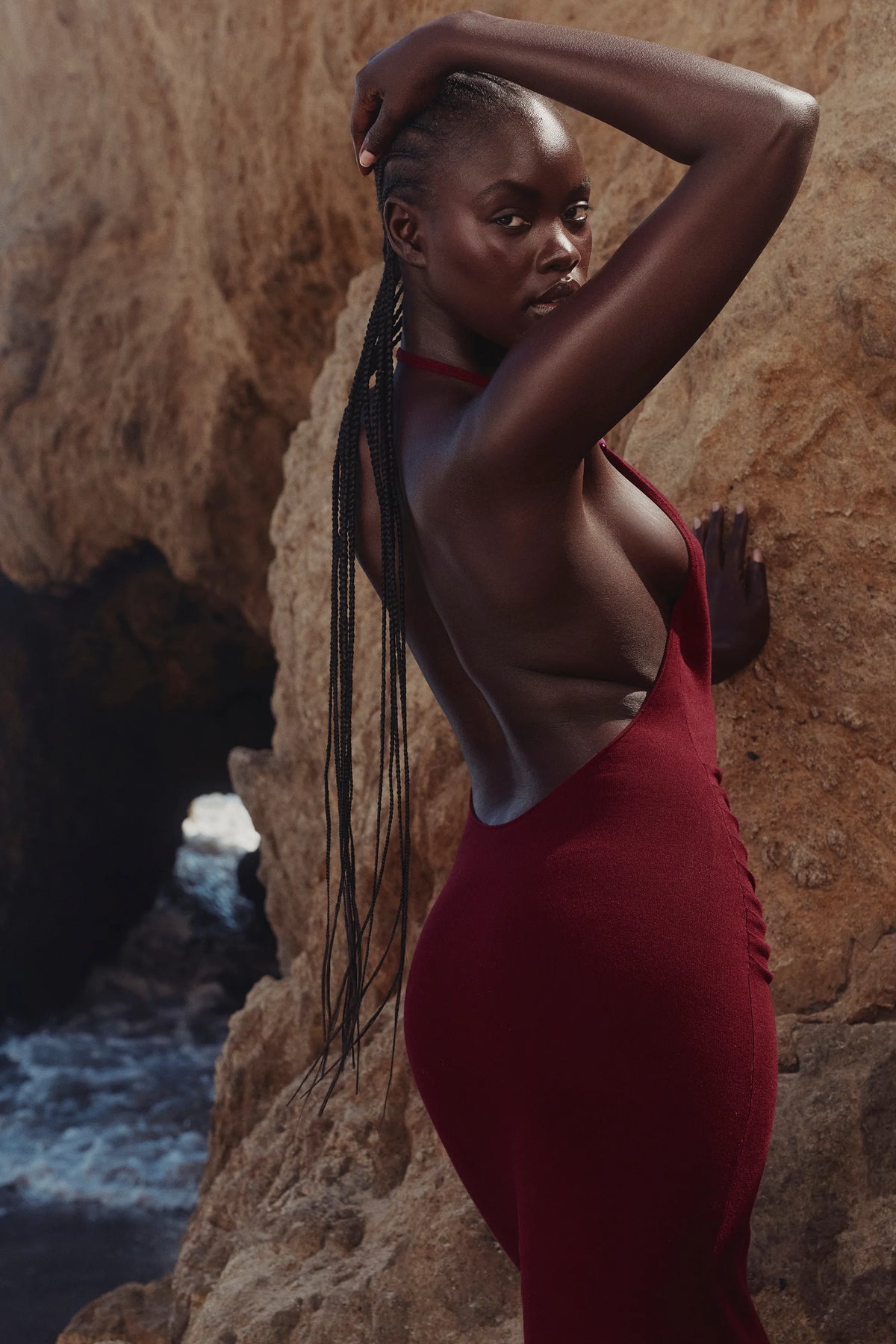 Thalina Wine Draped Halter Neck Maxi Dress