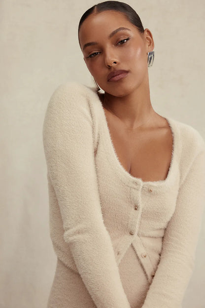 Gene Beige Soft Fluffy Knit Cardigan