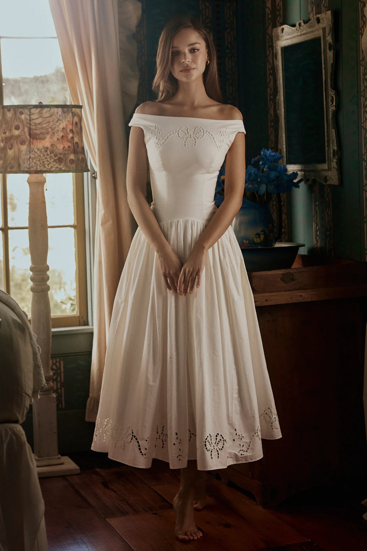 Lauren White Cotton Broderie Anglaise Boat Neck Maxi Dress