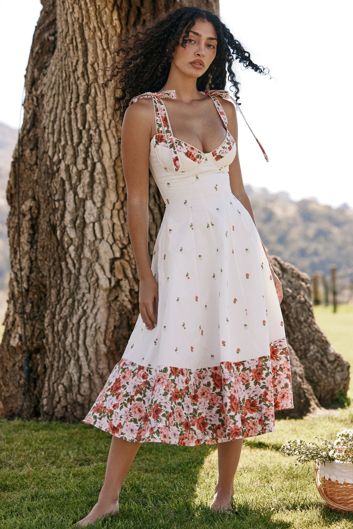 Emely White Floral Print Stretch Cotton Midi Sundress