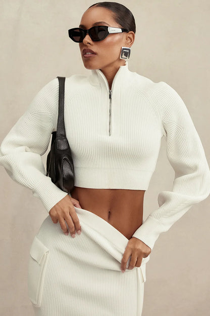 Reeva White Balloon Sleeve Ribbed Sweater