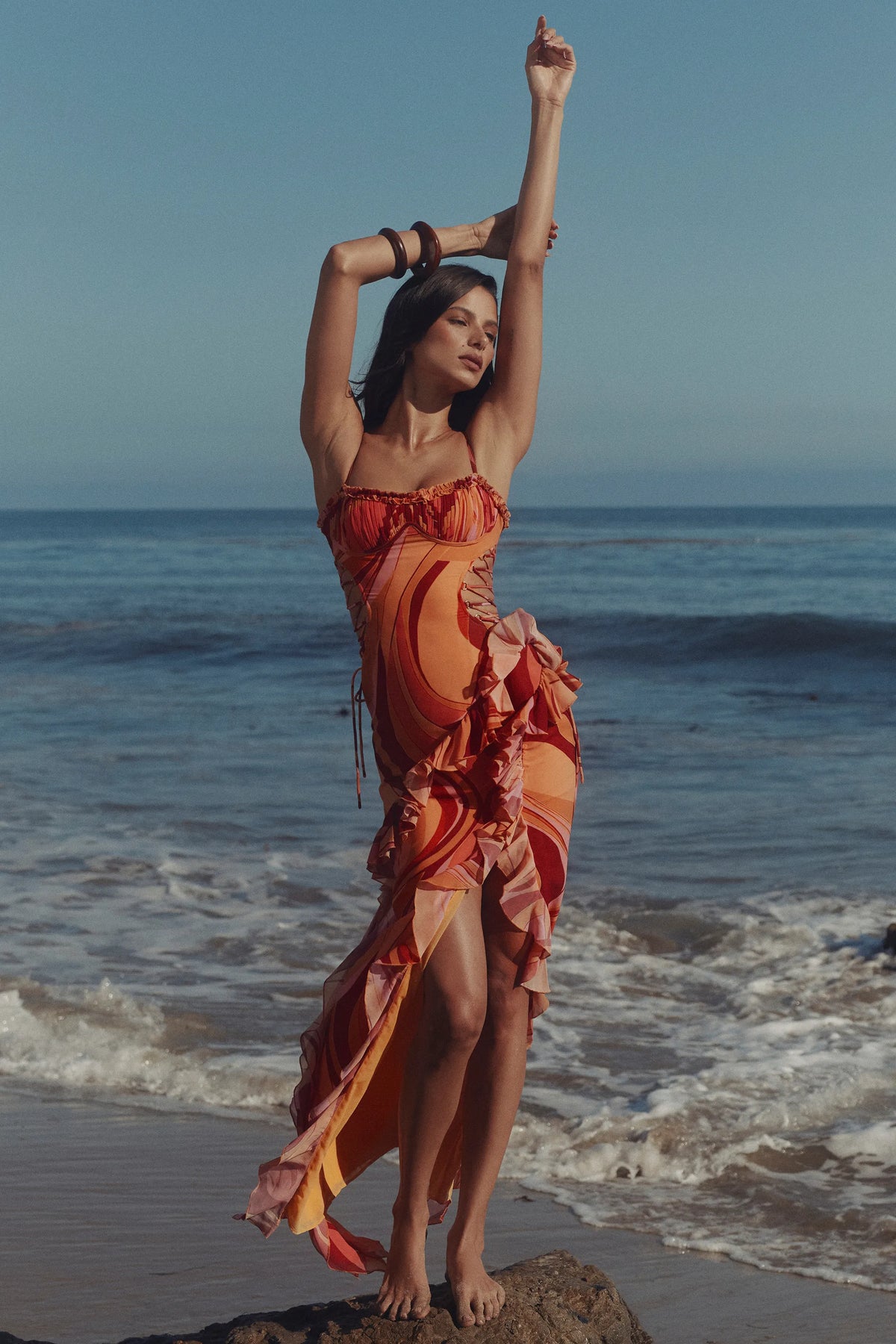 Lumira Sunset Swirl Print Ruffle Cut Out Maxi Dress