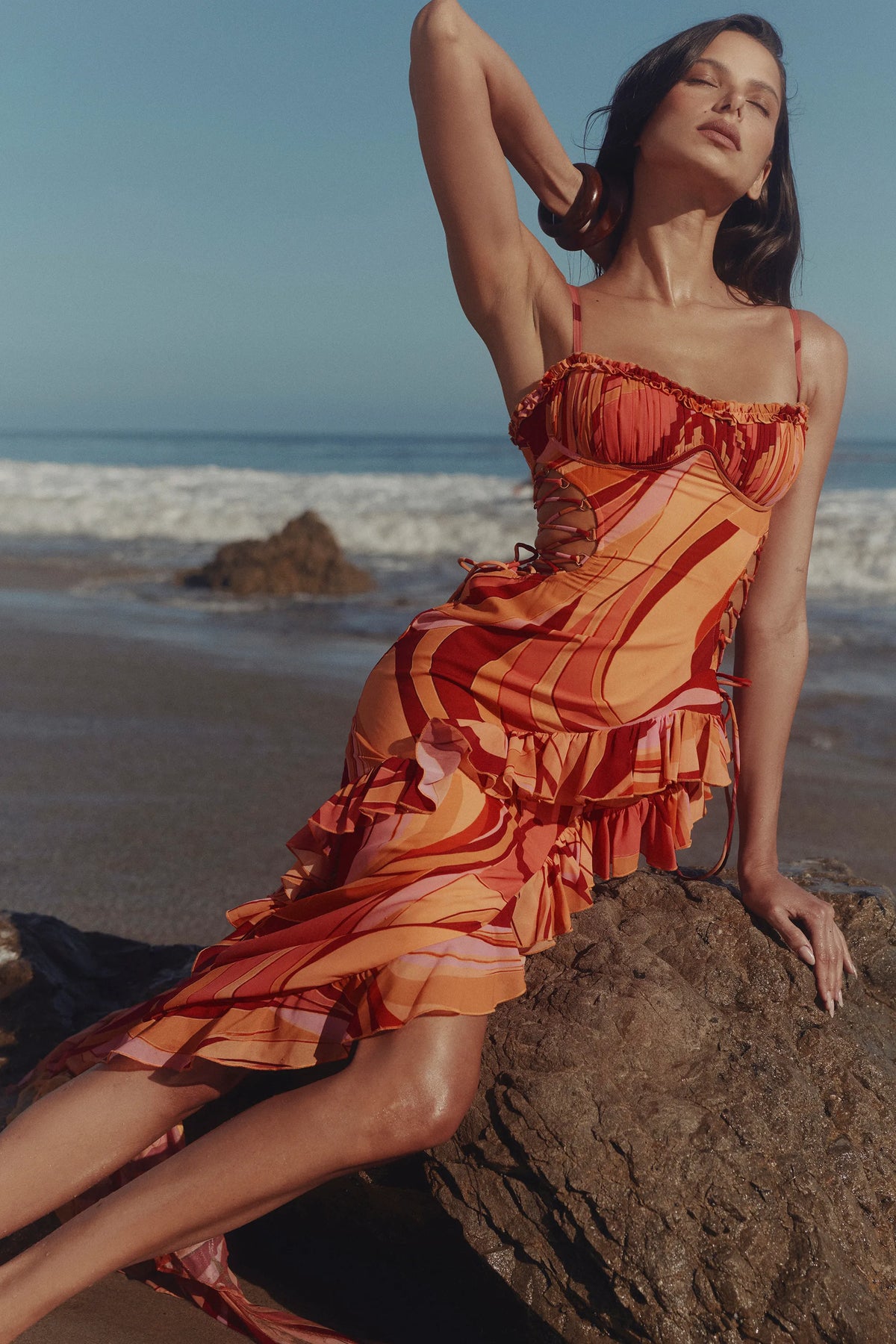 Lumira Sunset Swirl Print Ruffle Cut Out Maxi Dress