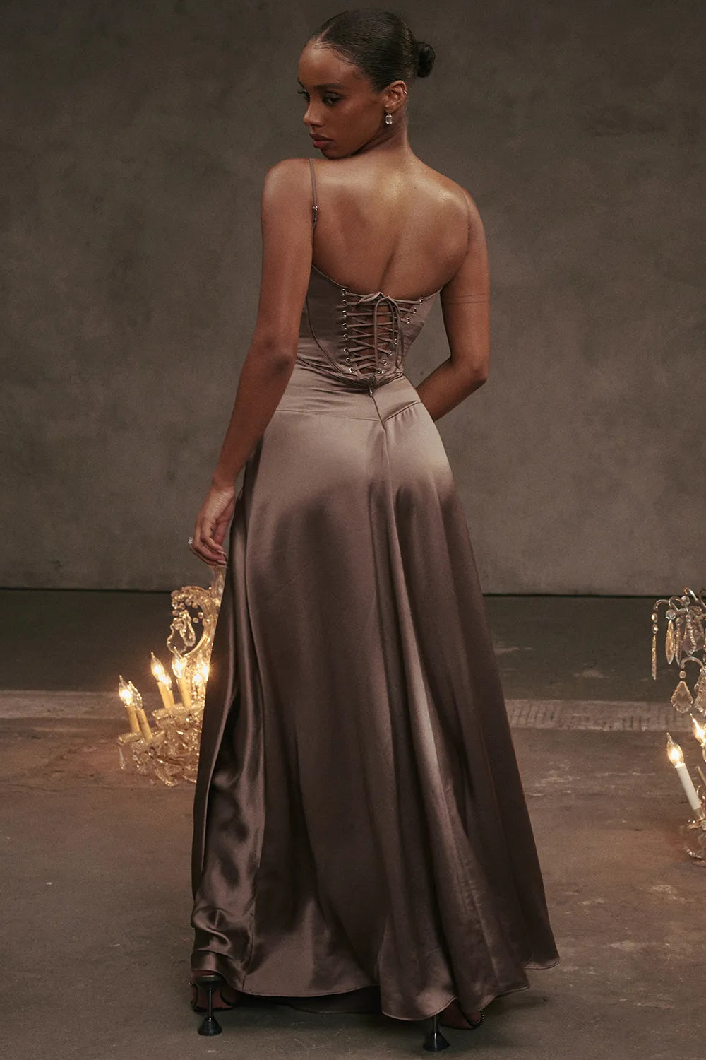 Anabella Smoke Lace Up Maxi Dress
