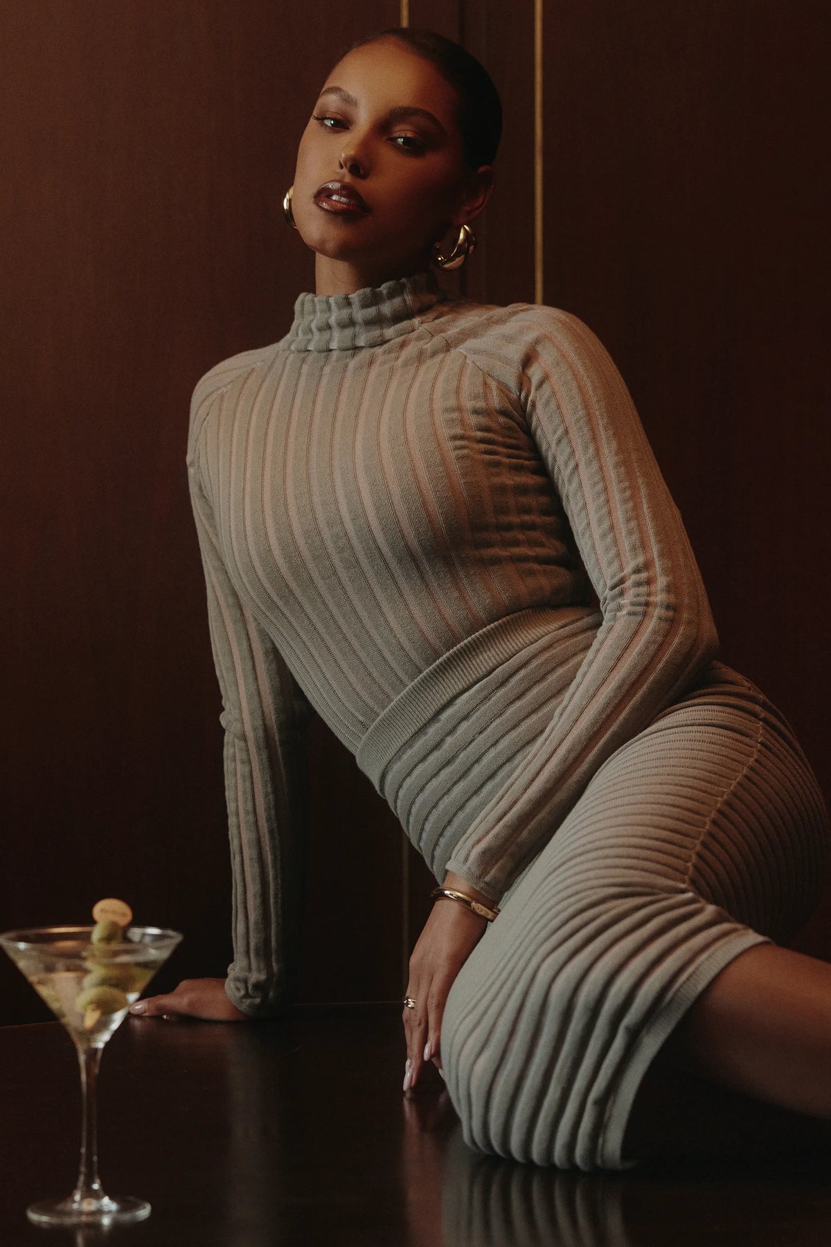 Rowena Grey Velour Sheer Striped Bodysuit